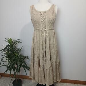 Scully Western Dress Womens Medium Beige Embroidered Boho Maxi Rayon India